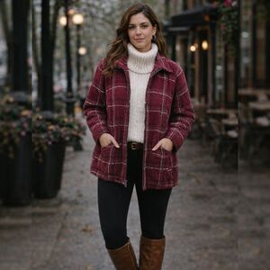 Alfred Dunner Cozy Plus 24W  Womens Chic Boucle Plaid Jacket Burgundy Zip Front